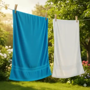 A bright blue quick dry travel towel hanging outside, visibly drying much faster than a standard cotton towel.