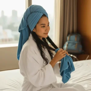 Using a small microfiber towel as a hair wrap to quickly and gently dry hair while traveling.