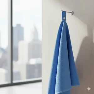 A blue microfiber quick dry gym towel hanging by its loop, illustrating its fast-drying properties.