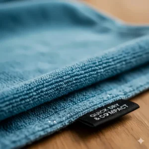 Close-up of the soft, fine texture of the premium microfiber travel towel fabric, gentle on skin.