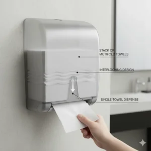 Diagram illustrating how multifold paper towels interlock and dispense one-at-a-time from a wall-mounted dispenser.
