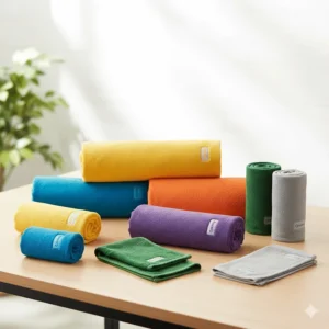 Display of quick dry travel towels available in a range of vibrant colors and multiple useful sizes.