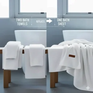 Visual demonstrating how a single bath sheet size can replace the need for two standard bath towels for full coverage.