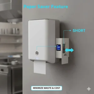 Image demonstrating the paper towel dispenser's function that minimizes waste by controlling sheet size.