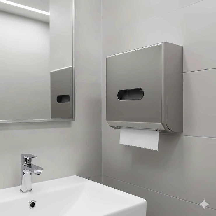 Wall-mounted paper towel dispenser made of stainless steel installed above a sink in a commercial restroom.