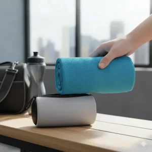 A rolled-up quick dry gym towel fitting into its compact, ventilated carrying case.