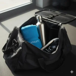 A lightweight, rolled quick dry gym towel placed inside a gym bag next to a water bottle.