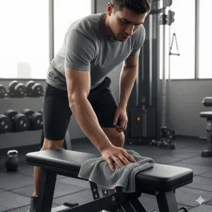 Athlete wiping down a weight bench with a gray, quick dry gym towel for hygiene.