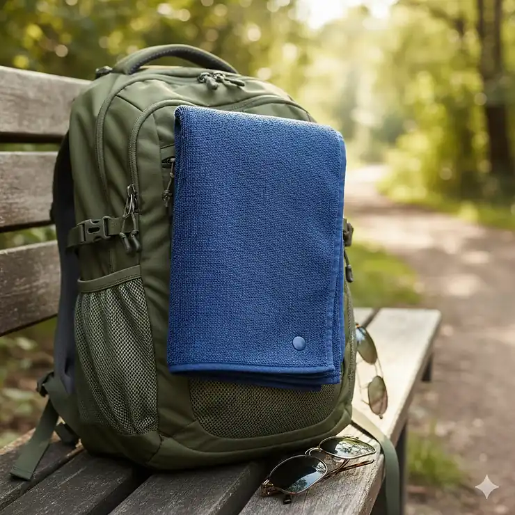 Quick-dry travel towel made of lightweight microfiber, shown folded neatly on a backpack for easy packing.