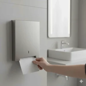 Sleek, space-saving recessed paper towel dispenser that is flush-mounted into a washroom wall.