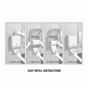 Hand placing a new roll of paper towels into a lockable, clear-window paper towel dispenser.