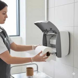 A staff member quickly and easily refilling an empty Tork paper towel dispenser with a new roll, illustrating the user-friendly design.
