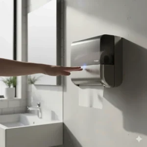 Close-up of a user triggering a touchless, automatic San Jamar paper towel dispenser, emphasizing the hygienic, hands-free operation.