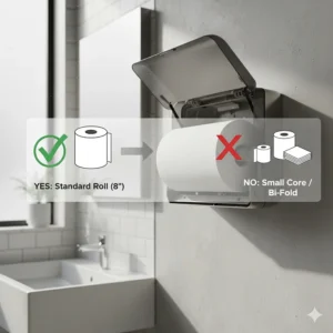 Visual guide inside the unit showing the compatible paper towel roll size and type for this specific San Jamar paper towel dispenser model.