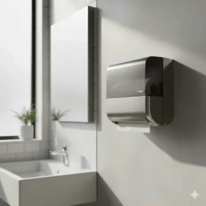 Side view of a San Jamar paper towel dispenser with a transparent smoke-colored cover, allowing for easy paper level monitoring.