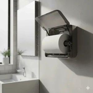 Interior view of a San Jamar paper towel dispenser showing the large roll capacity, indicating less frequent refills are needed.