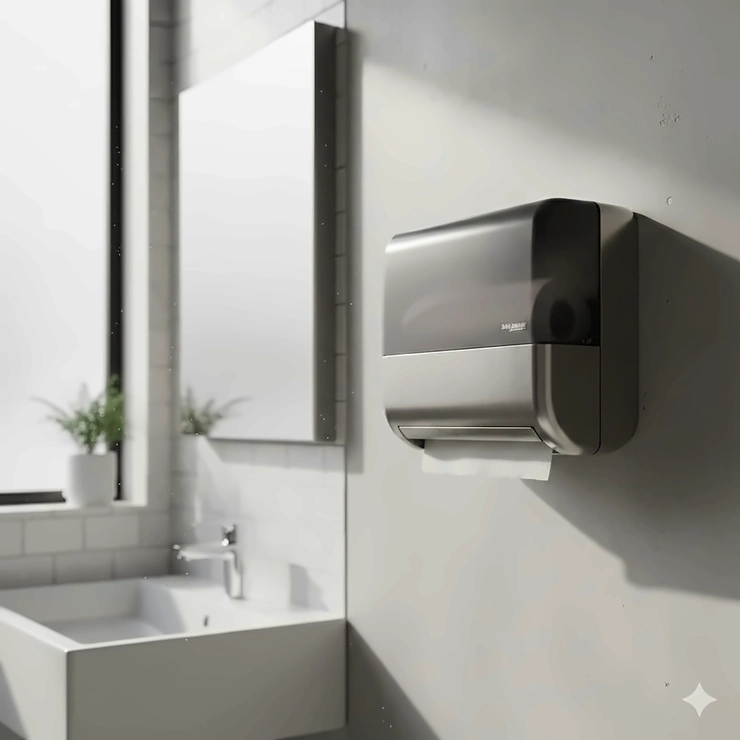 A San Jamar paper towel dispenser mounted on a wall in a commercial restroom, showcasing its sleek design and reliable performance.