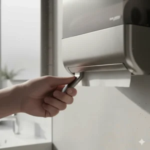 Detail shot of the simple, reliable lever mechanism on a manual San Jamar paper towel dispenser.
