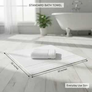 Standard dimensions of a typical bath towel, highlighting its moderate size for everyday use.