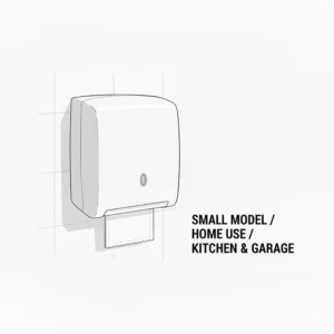 Small paper towel dispenser unit suitable for home use, easily installed on any kitchen or garage wall.