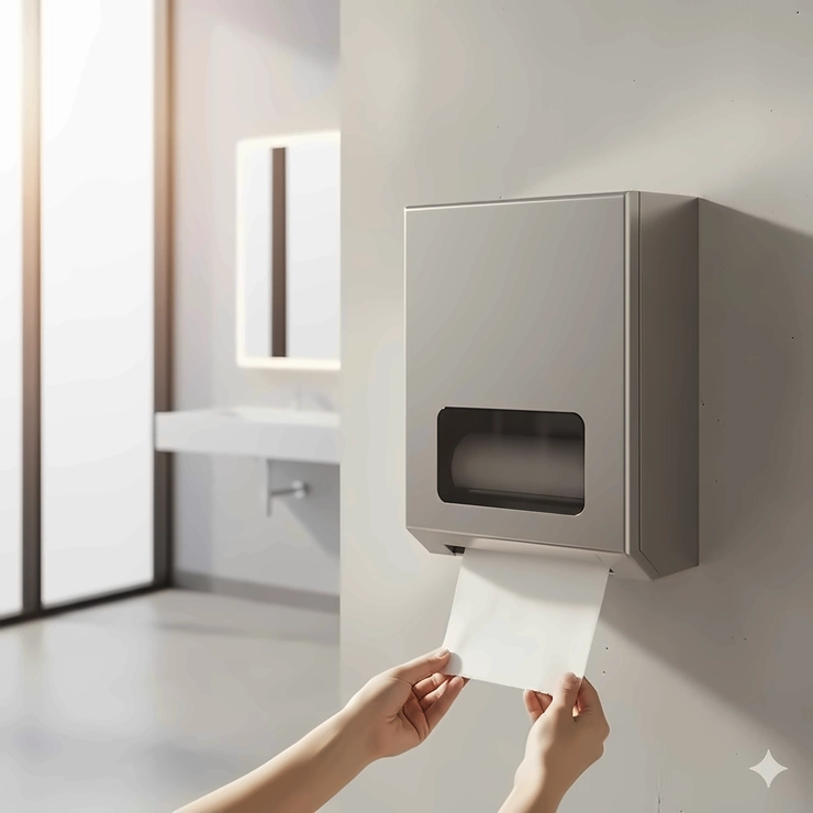 Automatic paper towel dispenser in stainless steel for hygienic, touchless operation in a modern commercial restroom. georgia pacific paper towel dispenser