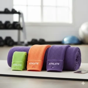 Display of three different sizes of quick dry gym towel options for various workouts (small, medium, and yoga mat size).