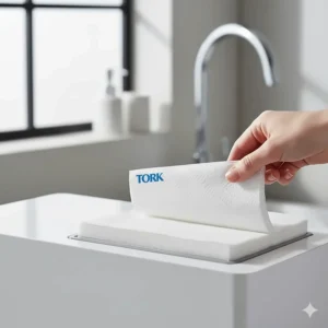 Close-up of Tork Advanced folded paper towels stacked neatly, emphasizing the single-sheet dispensing for improved hygiene and waste reduction.