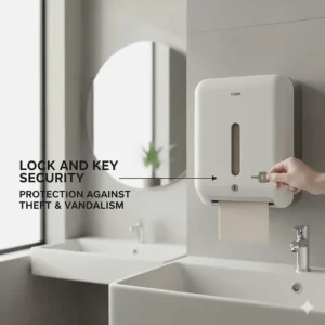 Illustration of the lockable design on the Tork paper towel dispenser to secure the paper roll and prevent vandalism.