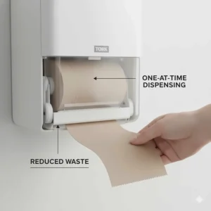 Close-up illustration of the one-at-a-time dispensing mechanism, highlighting reduced paper towel consumption and waste for the Tork system.