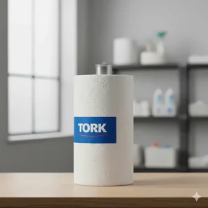 A large, high-capacity Tork paper towel roll designed for busy restrooms to minimize the need for frequent refills and reduce maintenance time.