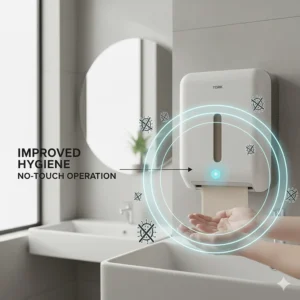 Diagram emphasizing the improved hygiene of the no-touch Tork paper towel dispenser, minimizing cross-contamination.