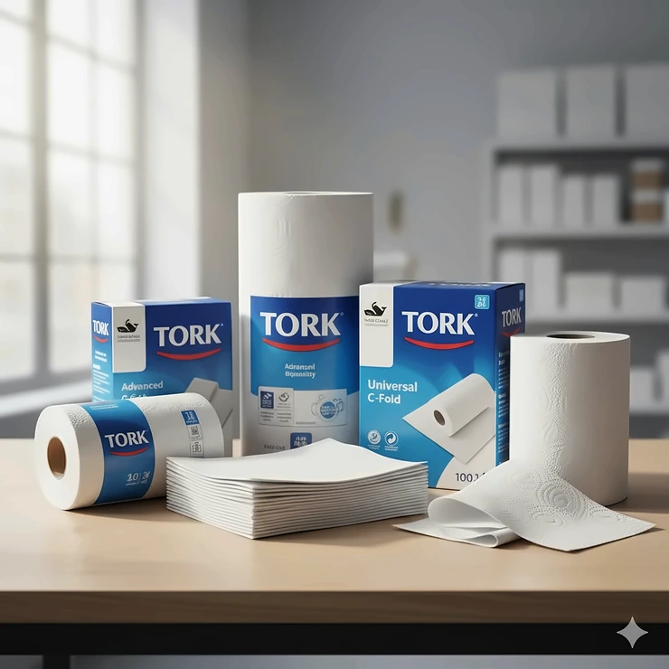 An assortment of Tork paper towel products, including roll towels and folded towels, demonstrating the brand's diverse offerings for different needs.
