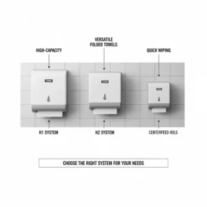 Comparison chart of various Tork paper towel dispenser systems (H1, H2, M2) to help users select the right model for their needs.