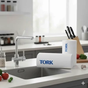 A stack of Tork paper towels placed next to a sink in a professional kitchen or workplace, ready for quick cleanup tasks.