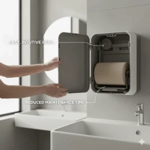 Diagram demonstrating the effortless and intuitive refilling process for a Tork hand towel roll dispenser.