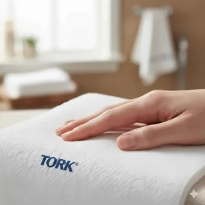A hand gently touching a Tork premium soft paper towel, highlighting the quality feel suitable for sensitive skin.