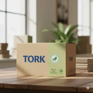 Tork recycled paper towel product packaging featuring an eco-label to highlight the sustainable and responsible sourcing of the tissue paper.
