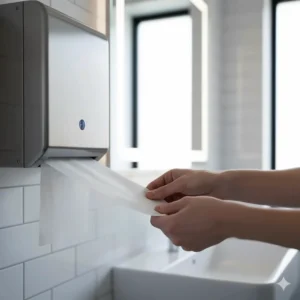 Close-up of a hand receiving a sheet from a touchless, hands-free paper towel dispenser to promote hygiene.