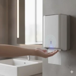 Close-up view of the touchless sensor activating the automatic paper towel dispenser.