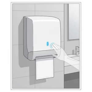 Automatic, touchless paper towel dispenser wall unit shown with a blue light indicator.