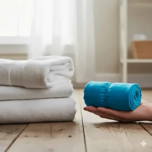 Visual comparison showing the small size and low weight of a quick dry towel next to a bulky standard bath towel.