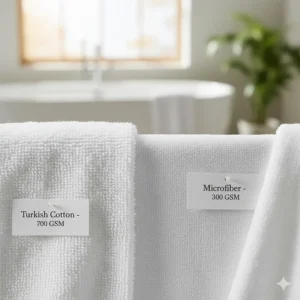 Close-up texture showing the different GSMs and fabric types, such as Turkish cotton or microfiber, often used for bath sheets and bath towels.