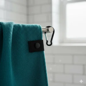 Detail shot of the built-in snap loop on the quick dry travel towel, ideal for easy hanging and fast drying anywhere.