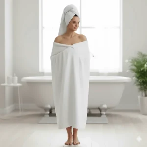 A woman comfortably wrapped in a thick, oversized bath sheet after a shower, demonstrating full body coverage.