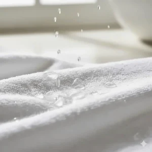 A demonstration of a high-density Turkish cotton towel quickly absorbing water droplets.
