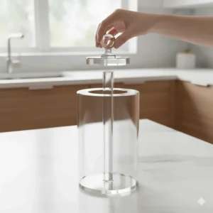 Detail shot illustrating the simple top-loading mechanism for an acrylic paper towel holder making it easy to refill.