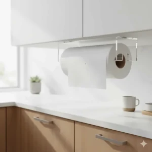 Clear image of an acrylic paper towel holder mounted discreetly underneath a kitchen cabinet, saving counter space.