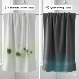 A side-by-side comparison showing how fast-drying towels prevent the growth of mold and odors compared to heavy cotton towels.