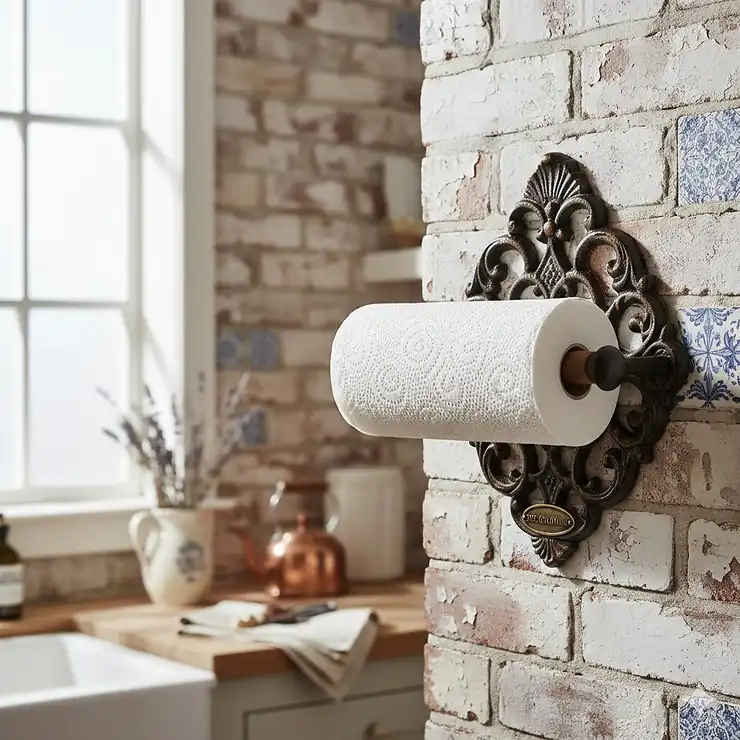 A fully restored, vintage-style cast iron antique paper towel holder mounted on a distressed kitchen wall.