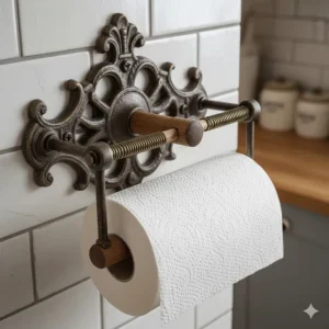 Detailed photo showing the spring-loaded mechanism of an antique wall-mount paper towel dispenser.